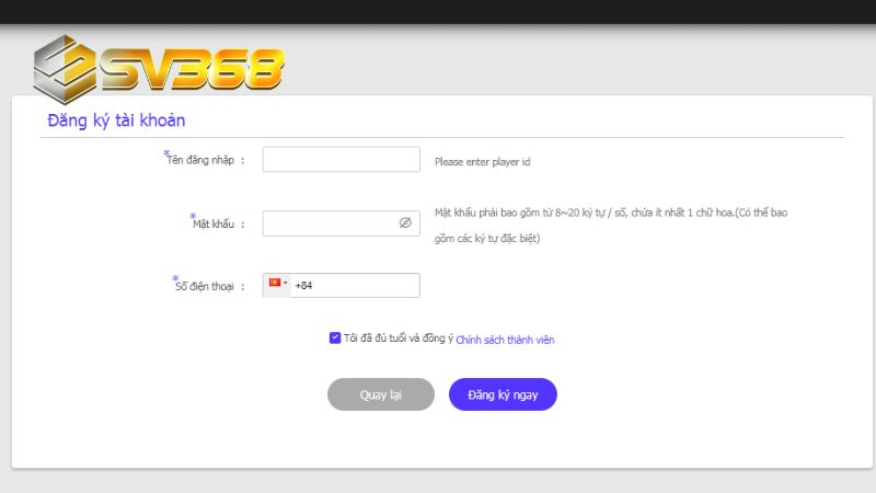 Người chơi đăng ký tài khoản SV368